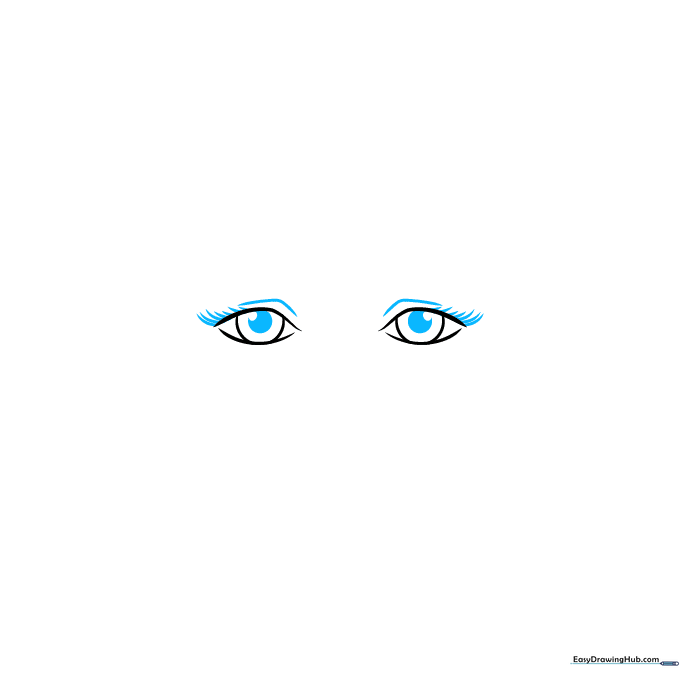Drawing the pupils and eyelashes inside the previously sketched eye shapes.