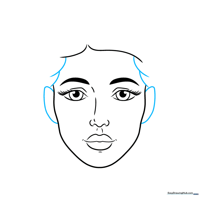 Adding ears to the sides of the face and sketching the initial hair layers.