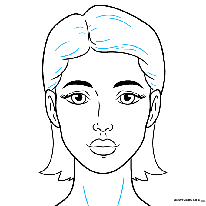 Finalizing the face outline with neck contours and hair texture.