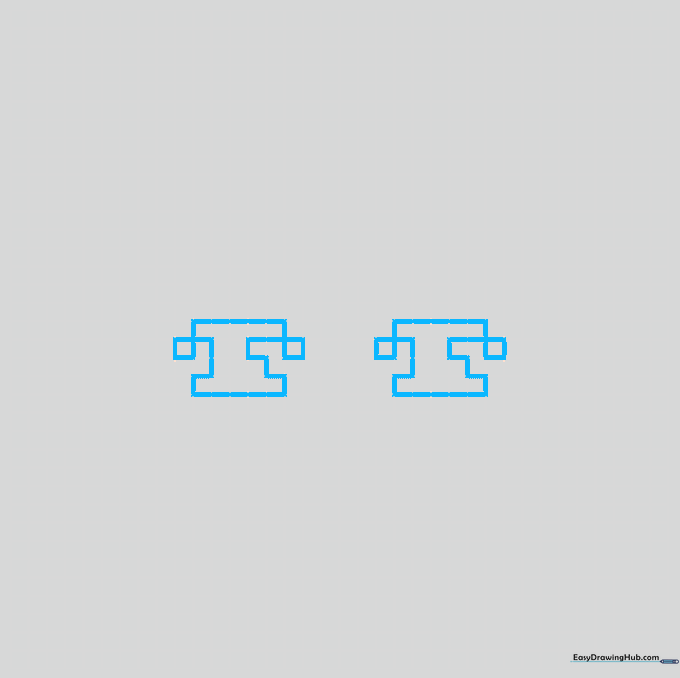 Grid-based sketch showing the initial placement of two rectangular eye shapes and a central L-shaped nose bridge.