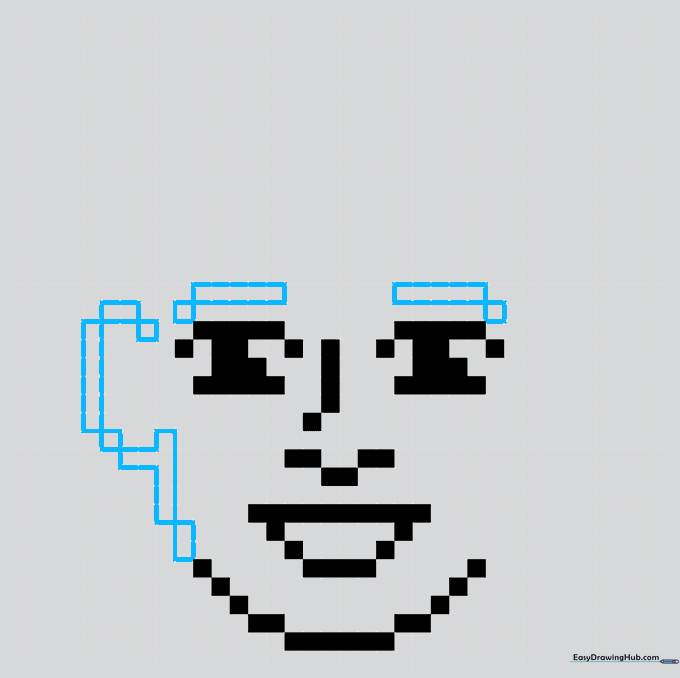 Drawing showing the addition of ear shapes and hairline blocks on the left side of the pixel face.