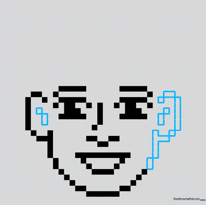 Symmetrical pixel art face showing completed ears and facial structure.