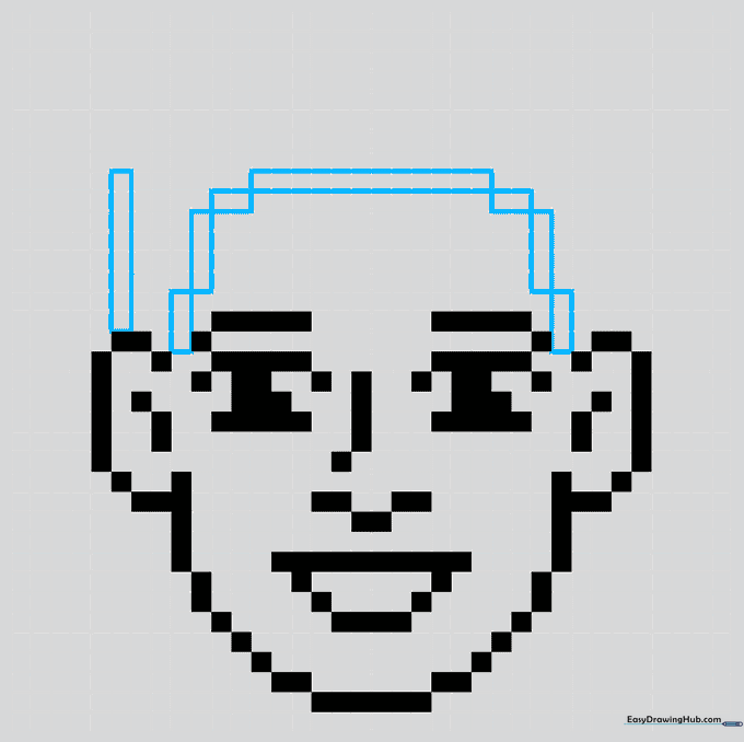 Pixel art tutorial showing the initial blocks for the character's hair.