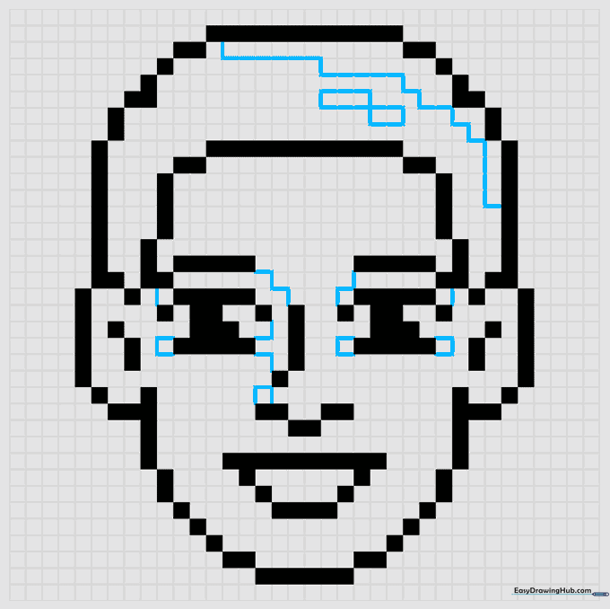 Pixel art face with added internal lines to mark areas for shading and color separation.