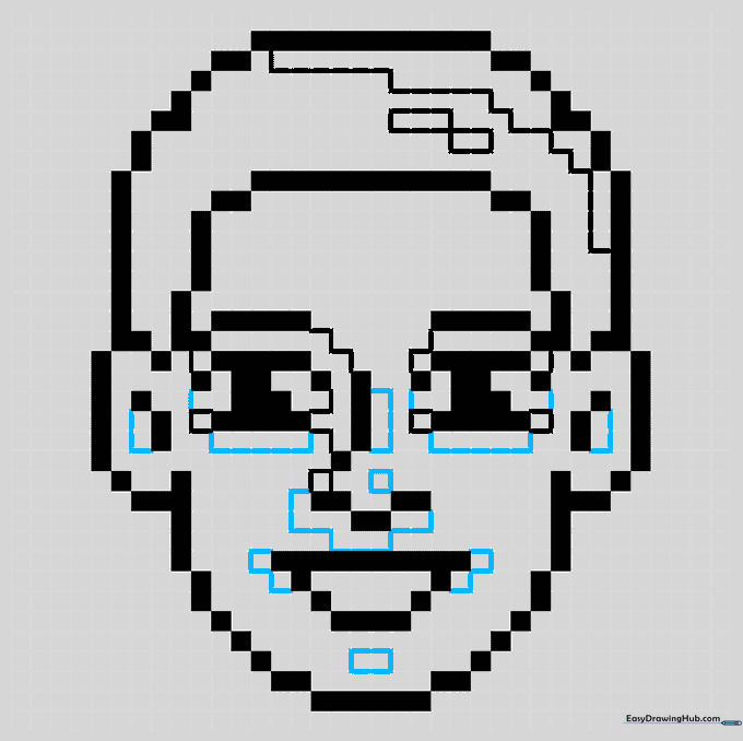 Bolded black outlines defining the final structure of the pixel art face.