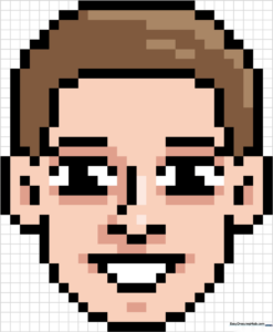 Colorful, finished pixel art face character design.