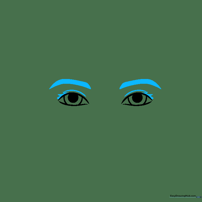 Close up of cartoon eyes with added eyebrow dashes and triangular eyelashes.