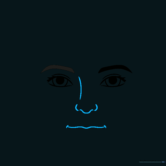 Facial features including a small nose bridge and a simple curved mouth line.