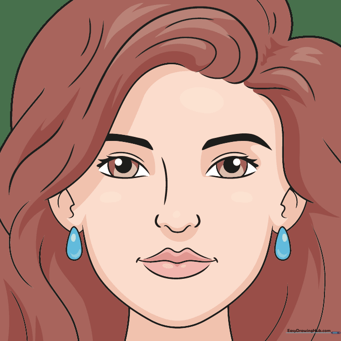 A fully colored and outlined face portrait with vibrant hair and earrings.