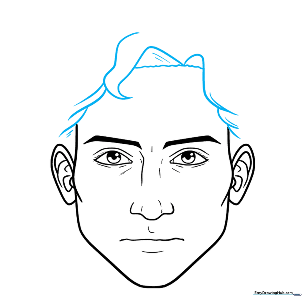 Adding the first layer of hair strands over the forehead.