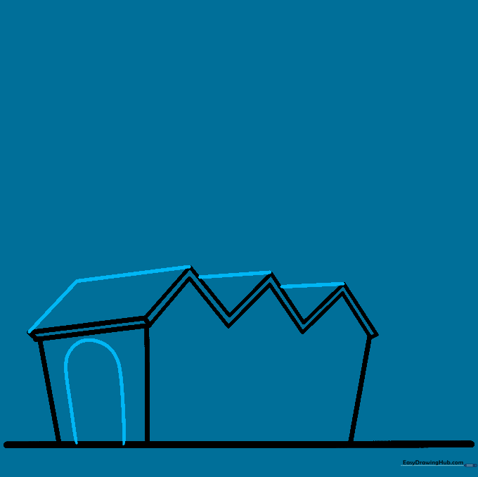 Drawing the roof segments and an arched doorway on the side of the factory.