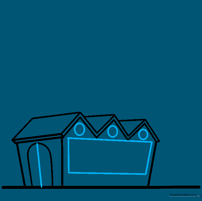 Adding a double door, a large rectangular window, and circular windows to the factory.
