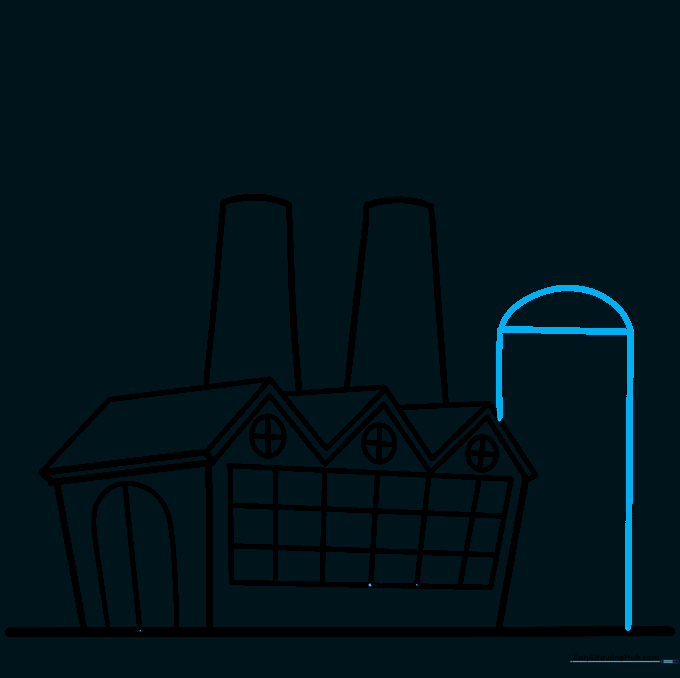 Drawing a tall, cylindrical storage silo next to the main factory building.