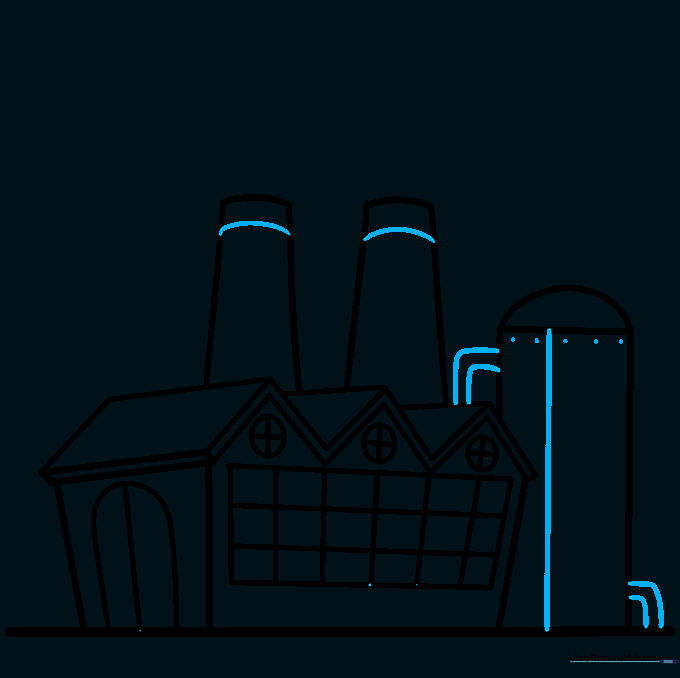 Adding rivets and connecting pipes to the factory smokestacks and silo.