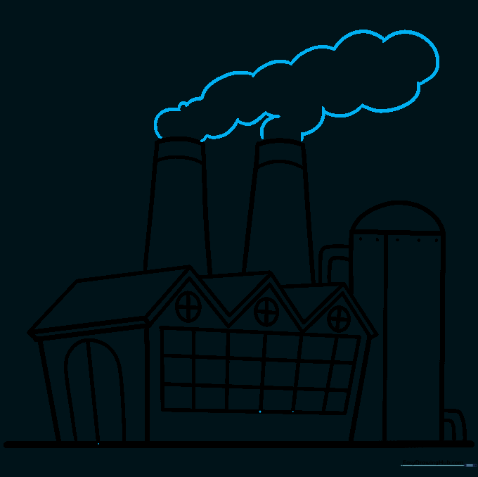Drawing fluffy clouds of smoke coming out of the factory smokestacks.