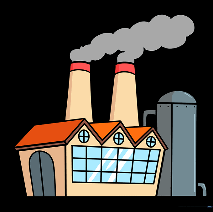 A fully colored cartoon factory drawing with smoke coming from the towers.