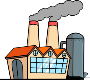 A colorful, finished cartoon factory drawing with smokestacks and a silo.