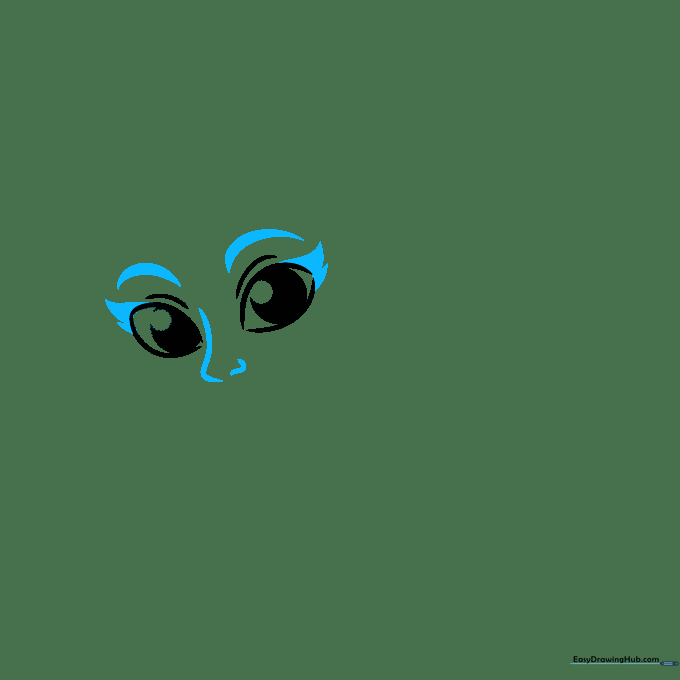 Fairy face drawing showing the addition of arched eyebrows and a simple hook-shaped nose.