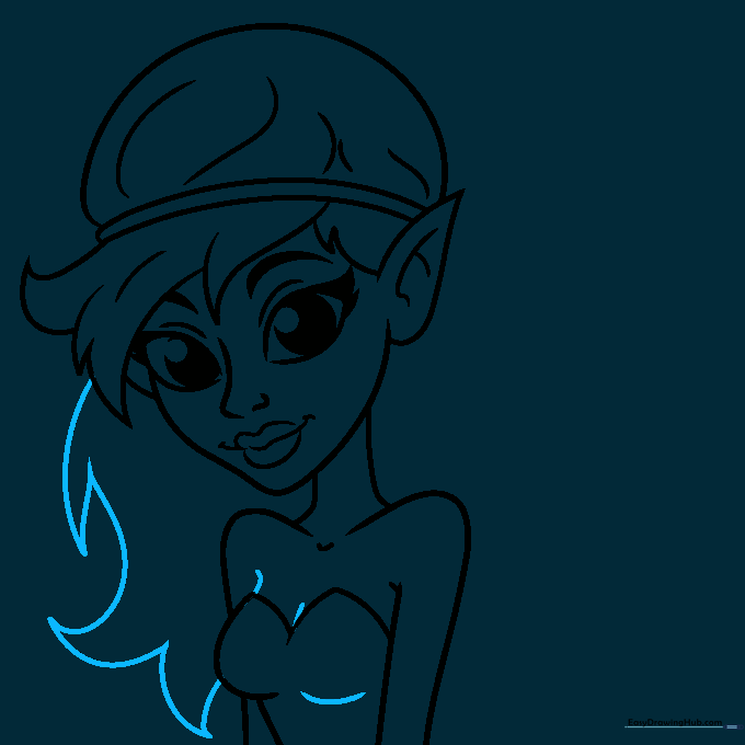 Adding more volume and detail to the fairy's hair using loose, flowing lines.