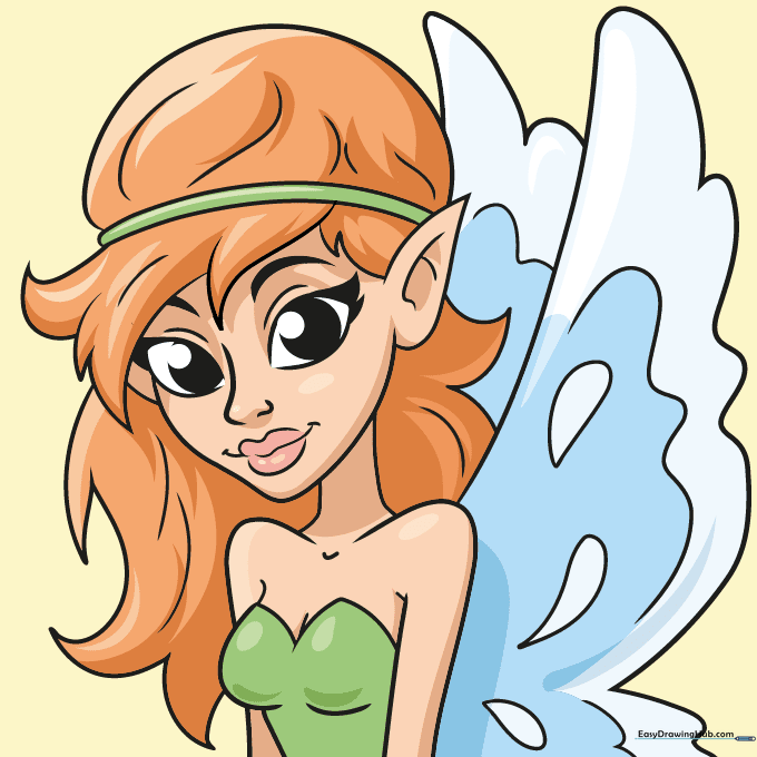 A fully colored and finished fairy face drawing with vibrant hair, wings, and clothing.