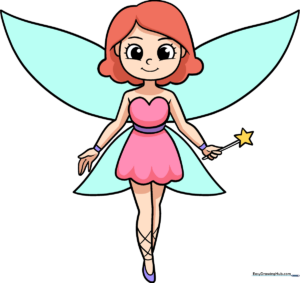 Finished, colorful fairy drawing featuring wings and a magic wand.