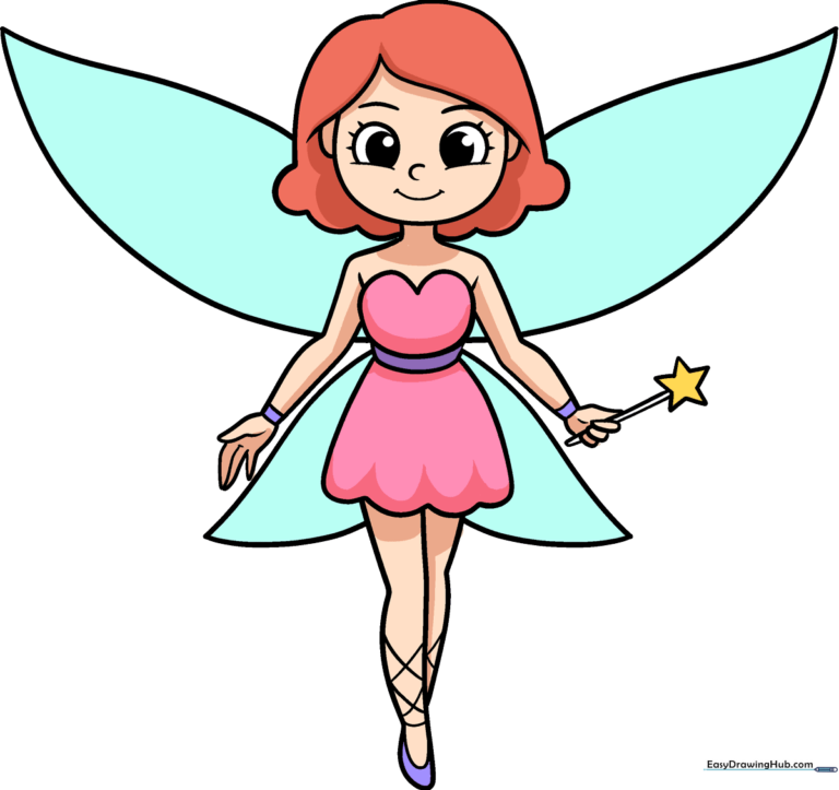 Finished, colorful fairy drawing featuring wings and a magic wand.