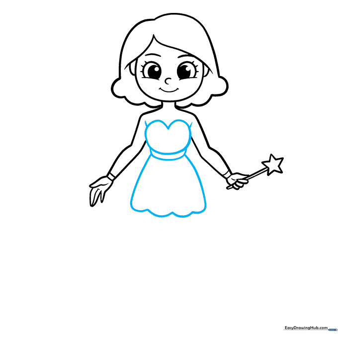Sketching the fairy's heart-shaped bodice and skirt.