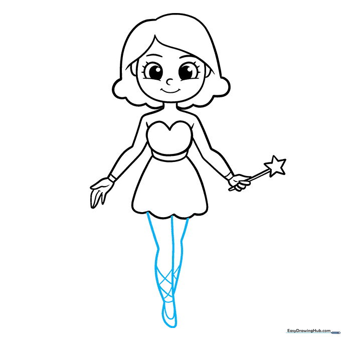 Drawing the fairy's legs and ribbon-tied slippers.