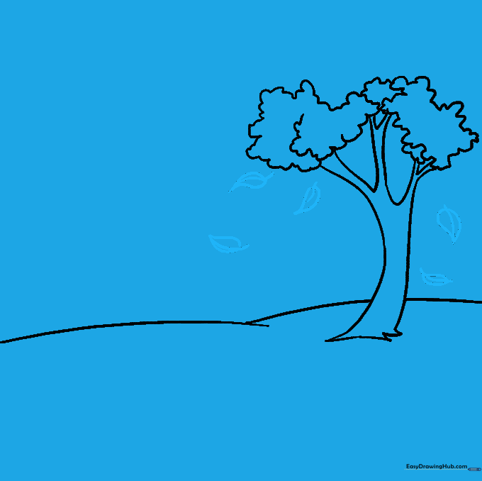 Detailed sketch of individual leaves falling from the tree.