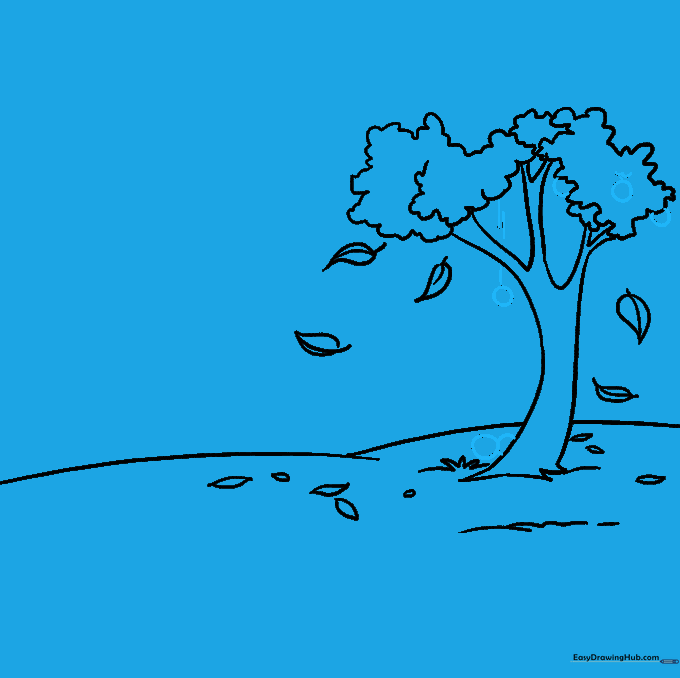 Drawing round fruits on the tree and ground with motion lines.