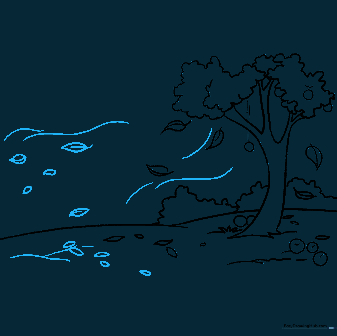 Adding final details like wind lines and extra leaves to complete the composition.