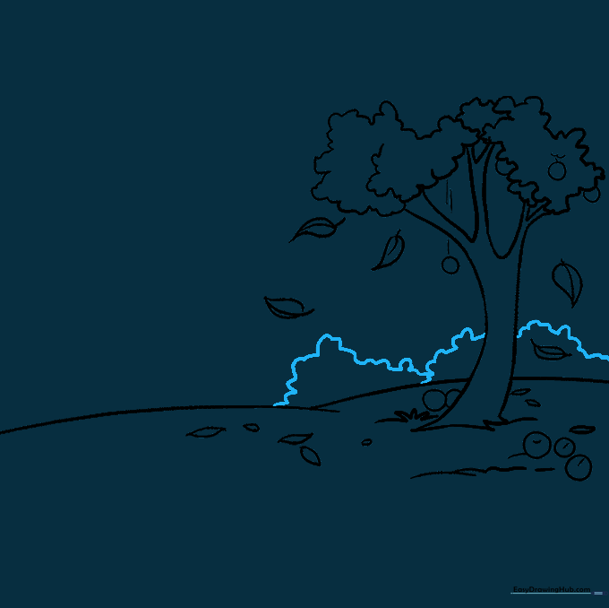 Sketching distant bushes and shrubs to fill the background.