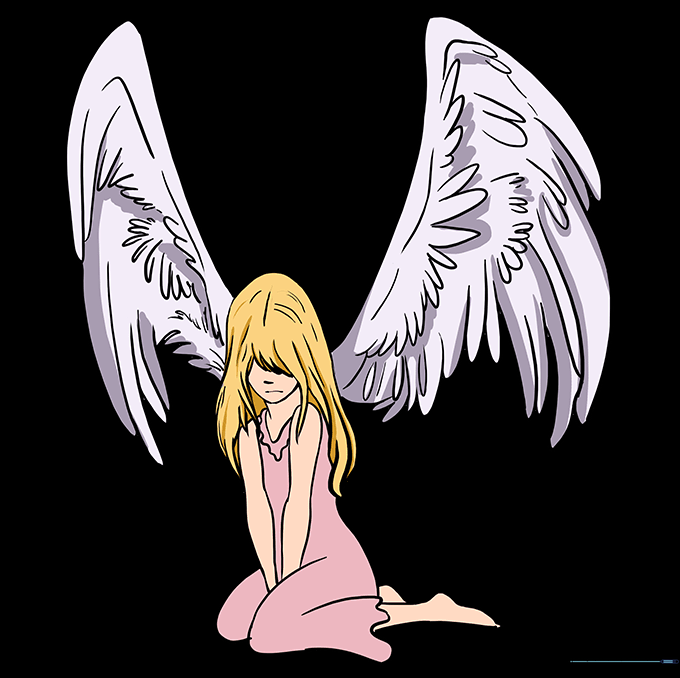 The final colored illustration of the fallen angel with detailed shading.