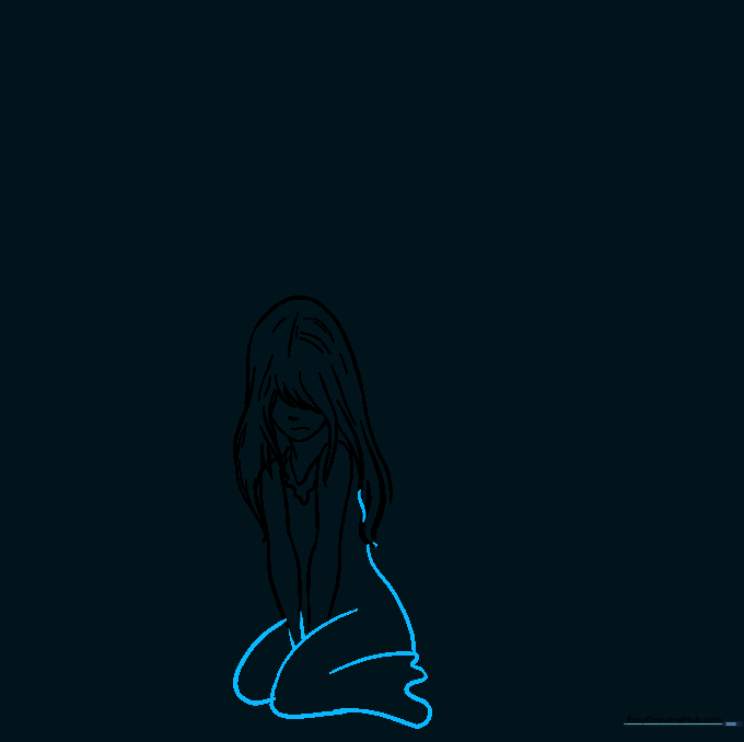 Sketch showing the flowing lines of the angel's dress tucked between the legs.