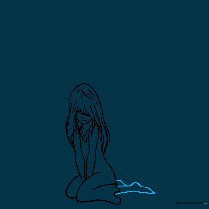 Pencil drawing of the angel's legs bent in a kneeling position.