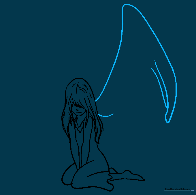 Initial sketch of the angel's wing structure showing the first large flight feather.