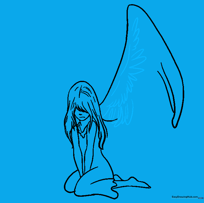 Drawing showing the addition of layered 'U' shaped feathers on the angel's wing.