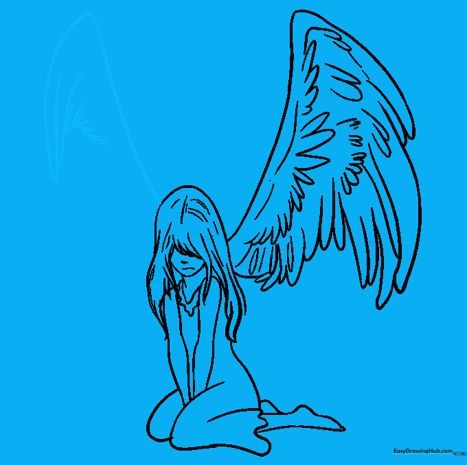 Sketching the second wing on the opposite side of the angel's back.