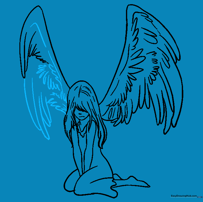 The completed second wing with all feathers drawn and ready for final detailing.