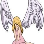 A completed, high-quality illustration of a fallen angel with detailed wings and flowing hair.