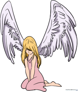 A completed, high-quality illustration of a fallen angel with detailed wings and flowing hair.