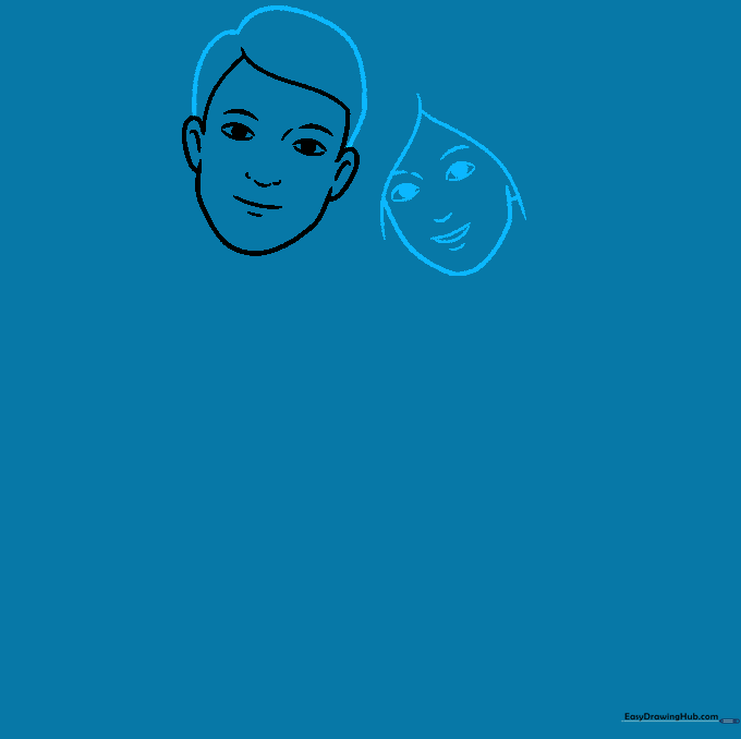 Sketch of a mother's face added next to the father, focusing on hair contours and facial expressions.