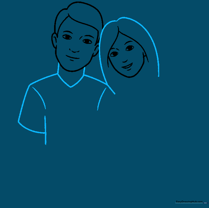Drawing showing the father's neck and shoulders added to the composition with clean lines.