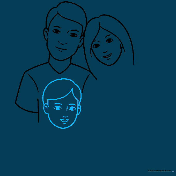 Illustration of a young boy's face being added to the family group drawing.