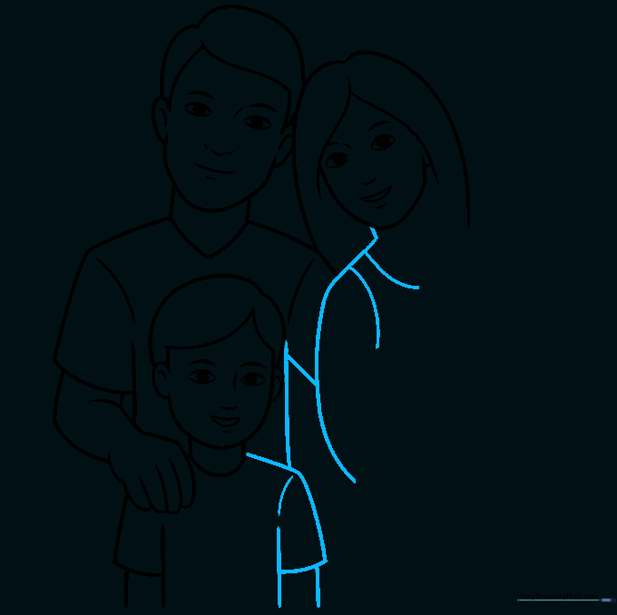 Detailed sketch showing the arms and shoulders of the family members being finalized.