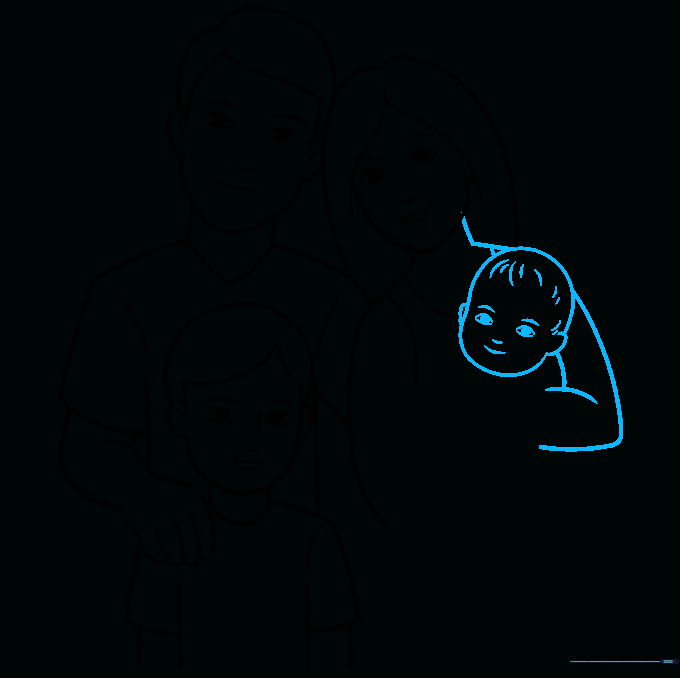 Sketch of a baby's head and the mother's arm being added to the family portrait.