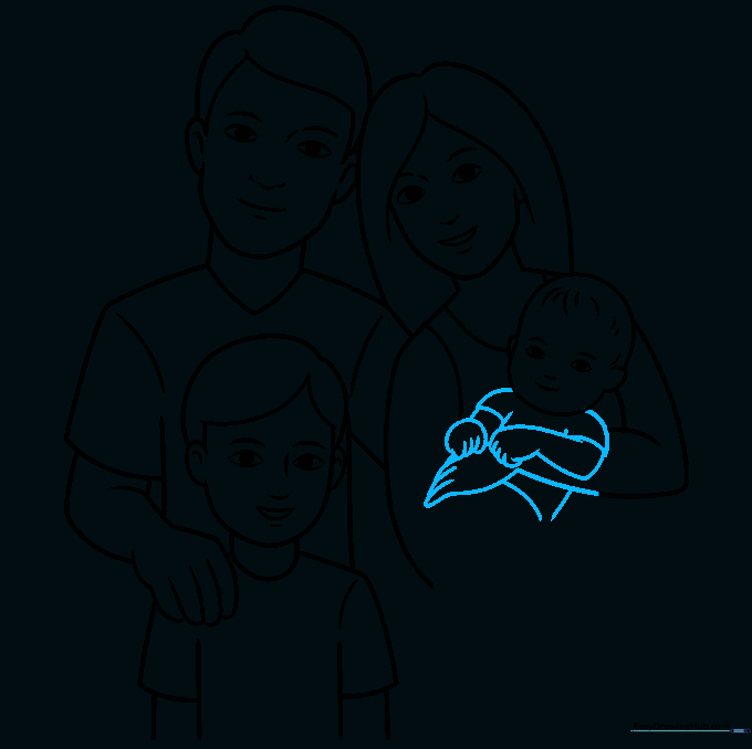 Close-up drawing of the mother's hands and the baby's upper body details.