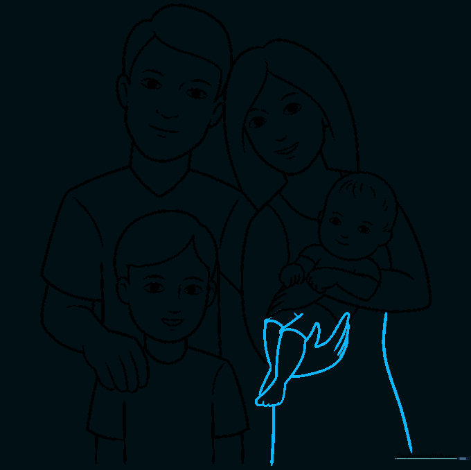 Final line art showing the complete family, including the mother's dress and the baby's feet.