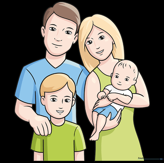 Finished, colorful cartoon family drawing, ready for display.