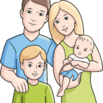 A complete, colorful cartoon family portrait illustration.